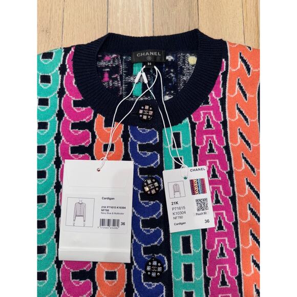 Chanel 21K Blue Rainbow Letter Logo CC Button Long Sleeve Cardigan Sweater 36 - Picture 9 of 15